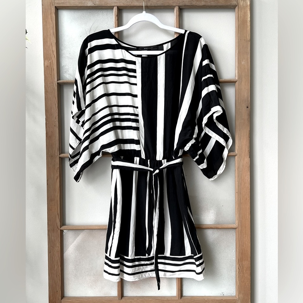 BCBGMaxAzria Bre Striped Silk Mini Dress - Black/Ivory - Size S